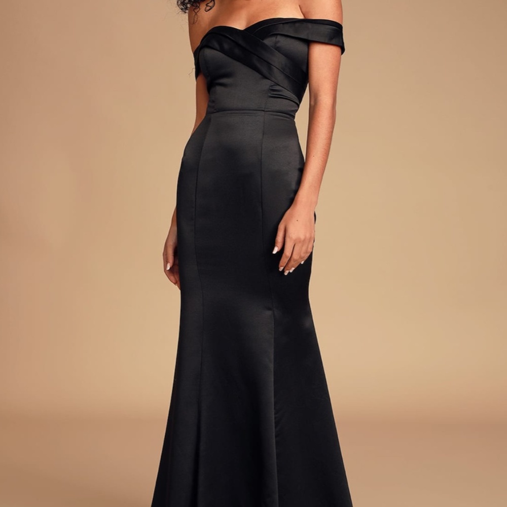 Lulu's Adored Forever Black Satin Off-the-Shoulder Maxi Dress
